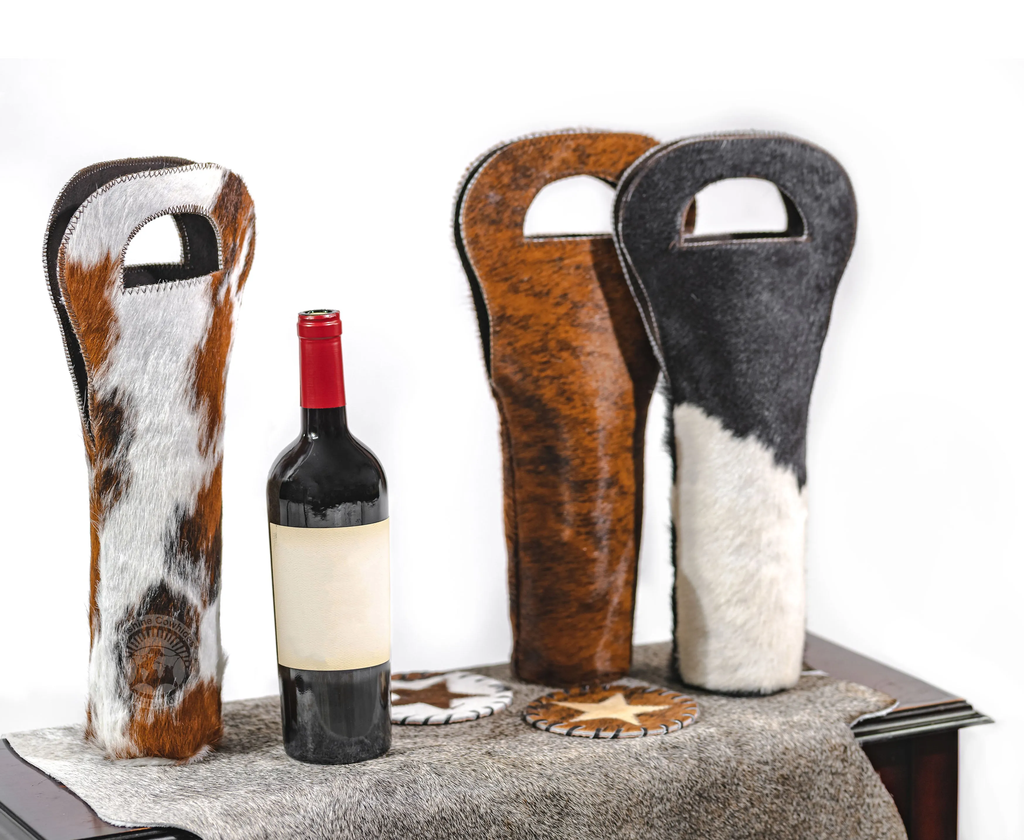 Cowhide Wine Bottle Holder - Brown & White